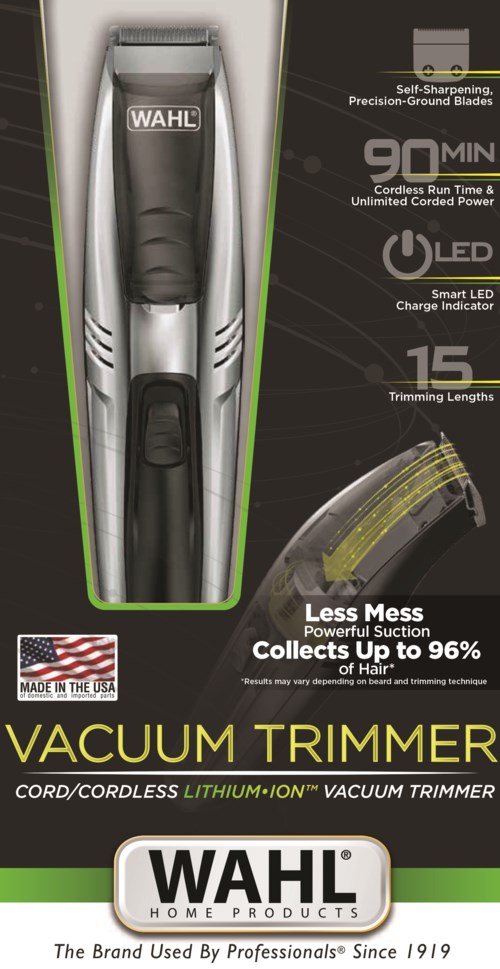 En sladdlös vakuumtrimmer med LED-lysdiodindikator och 15 klipplängder. Den är tillverkad i USA och samlar hår.