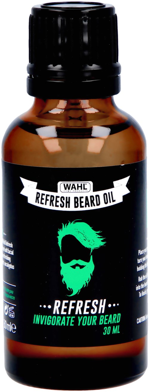 En liten brun flaska märkt "Refresh Beard Oil" med svart lock och en grön skäggig ansiksillustration.
