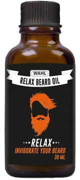 Liten brun flaska märkt 'Relax Beard Oil' med en skäggig ansiktsbild och text som uppmuntrar skäggväxt.