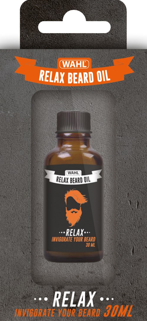 Liten flaska med skäggolja med etikett som visar ett skägg och hår, kallad WAHL Relax Beard Oil, 30 ml.