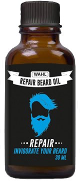 Liten brunsflaska med svart lock, etikett säger 'Wahl Repair Beard Oil,' blå skäggbild och text om skäggreparation.