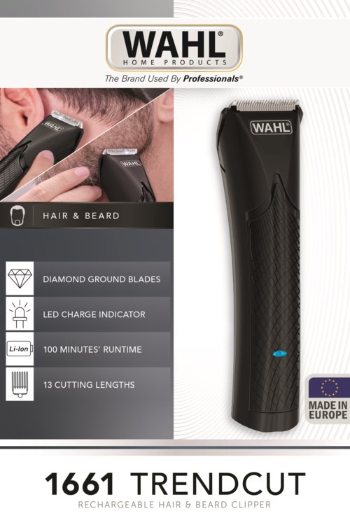 Produkten är en Wahl-hårklippning och skäggtrimmer med blad, LED-indikator och justerbara längdinställningar.