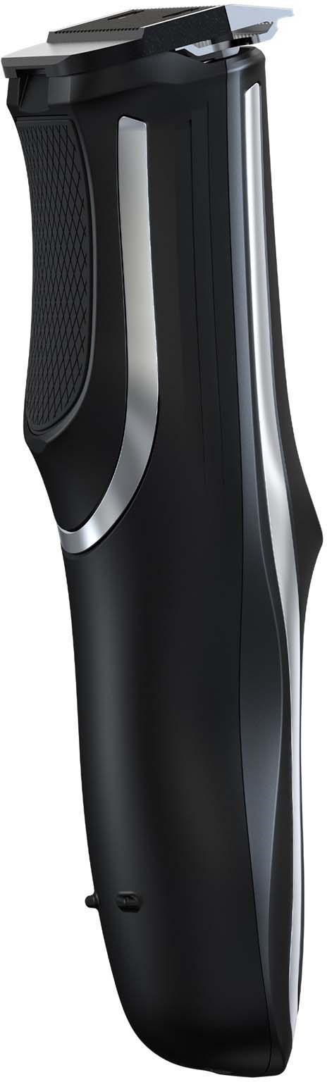 A black and gray electric hair trimmer with a sleek design and a power button on the handle.
