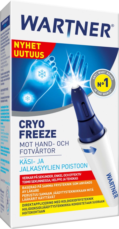 A veterinarian's Cryo Freeze product for hand and foot wart treatment, with blue and white packaging highlighting its effectiveness.