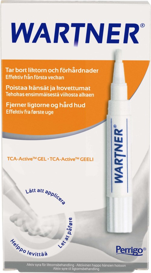 Vörtborttagningspenna med orange och vit förpackning, visar en hand som använder pennan, nämner enkel applicering och effektivitet.