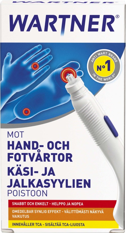 Packaging showing a pen-like device and hand illustrations with red target marks, indicating use for hand and foot treatments.