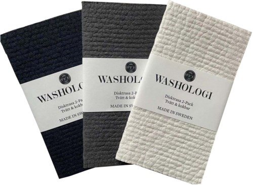 Three washcloths in black, gray, and white made in Sweden, labeled with brand Washologi.