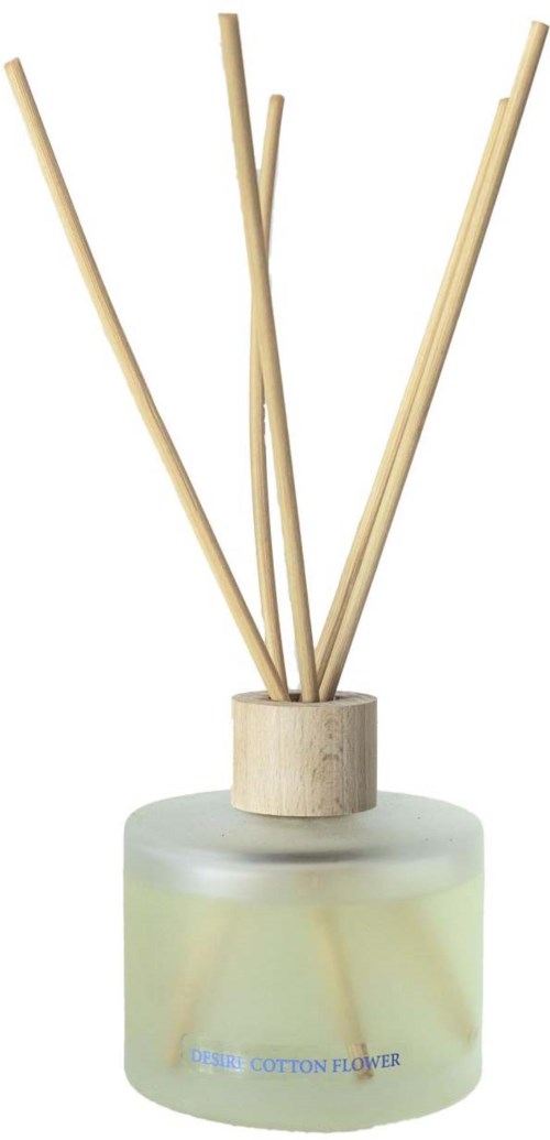 A diffuser with three wooden sticks inside. The diffuser has a frosted glass bottle at the bottom. Simple and natural design.