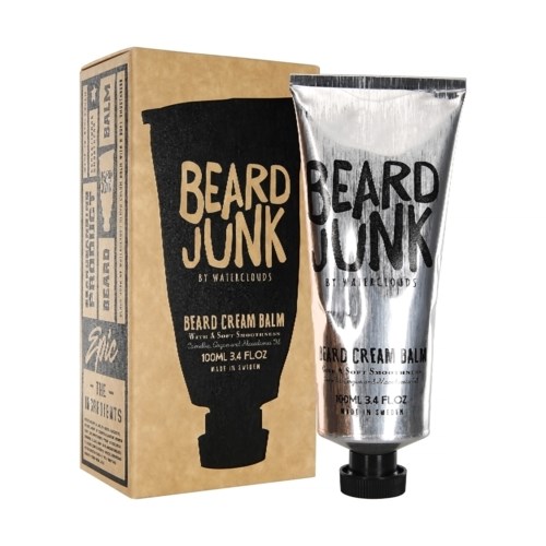 Een baardcrème in een tube en een kartonnen doos met 'Beard Junk'-tekst en zwart-beige ontwerp.