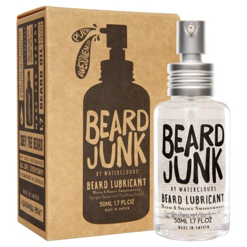 En klar sprayflaska med etikett som läser 'Beard Junk by Waterclouds' och en brun kartong som visar samma logo.