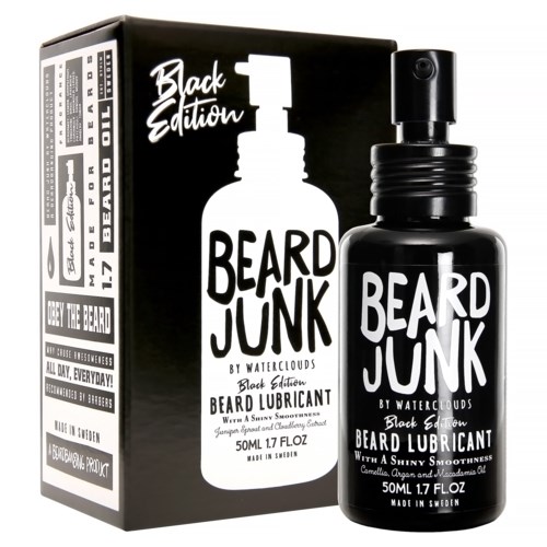 A black beard oil bottle and box with white text, labeled Beard Junk Black Edition. It has a pump spray top.