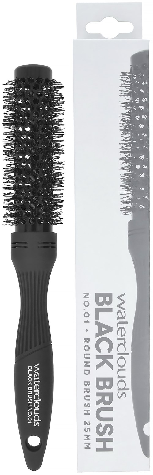 En rund hårbørste med sort håndtag og børster, pakket i en hvid æske mærket WaterCloud Black Brush.