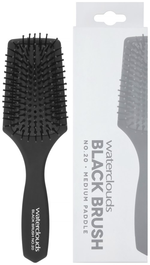 Een zwarte haarborstel met rubberen borstels en handvat, naast een witte doos gemarkeerd 'Waterclouds Black Brush' in het Engels.