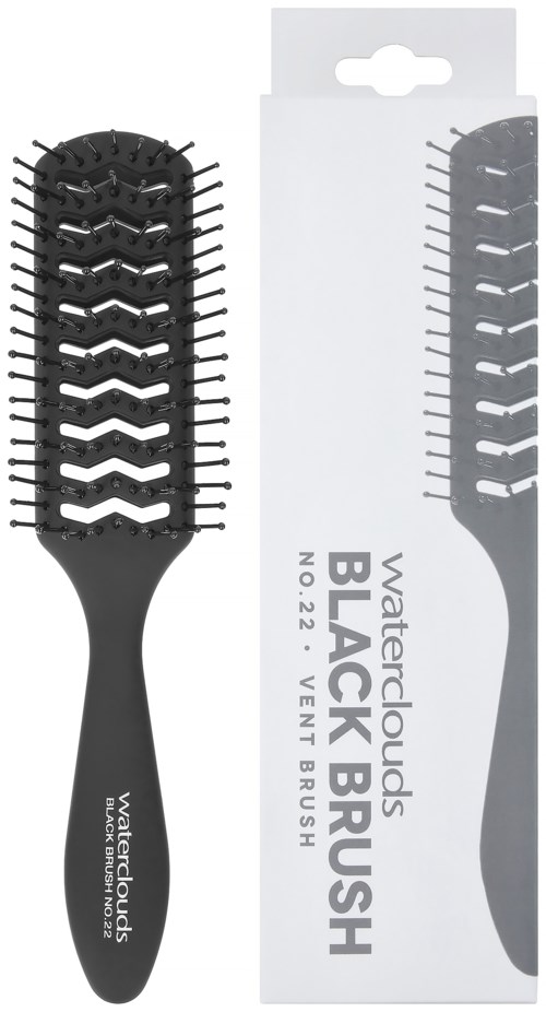 En svart hårborste med kurvad design och långa piggar, bredvid förpackningen som är märkt "Waterclouds Black Brush."