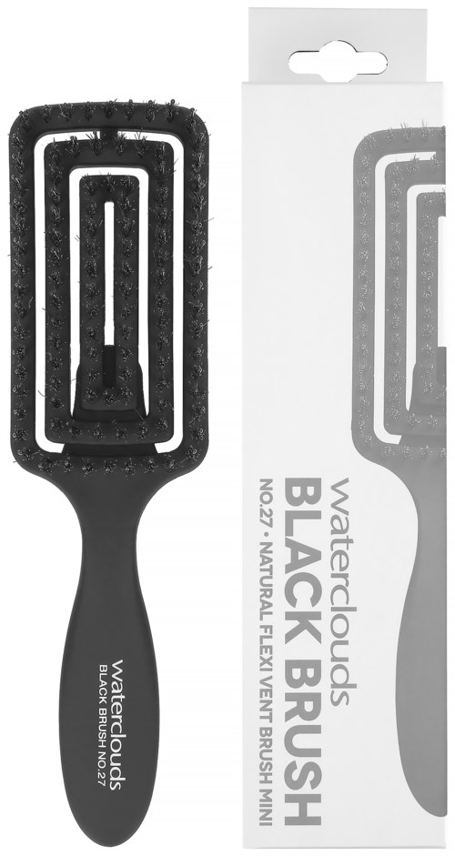 En svart tannbørste med fleksibelt hode og tilsvarende emballasje som sier "Waterclouds Black Brush".