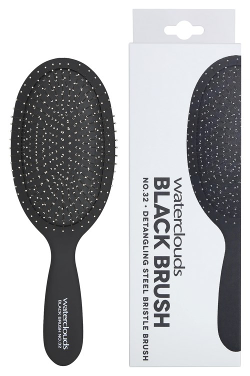 En svart stålborste med handtag, visas bredvid sin förpackning, märkt Waterclouds Black Brush No. 32 för detaljer.