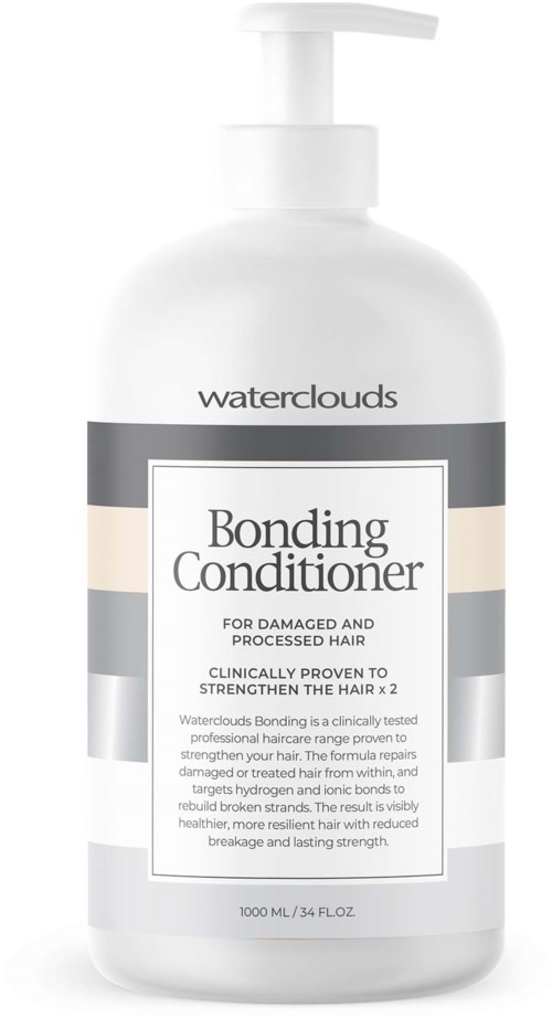En vit flaska märkt Waterclouds Bonding Conditioner för skadat hår, med pump och grå och beige design.