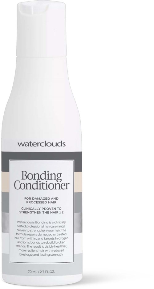 Valkoinen pullo Waterclouds Bonding Conditioner -hoitotuotteelle hiuksille, jossa on kuvaus käytöstä ja hyödyistä.