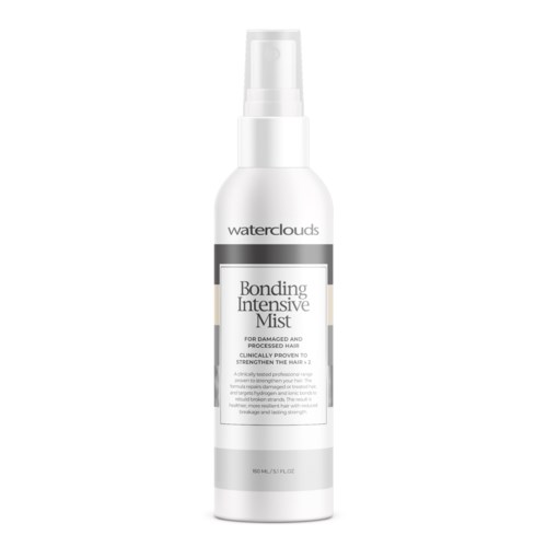 Weiße Sprayflasche mit grauem Etikett für Waterclouds Bonding Intensive Mist für geschädigtes Haar.