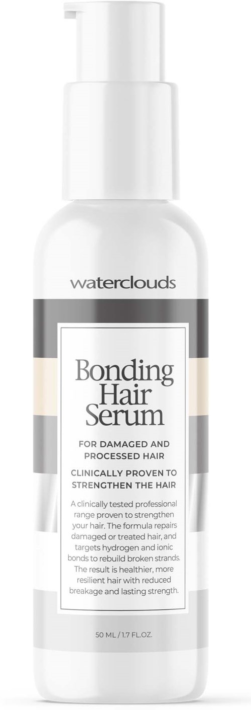 En vit flaska med pump märkt 'waterclouds Bonding Hair Serum' för skadat hår. Den har svart och grå text.