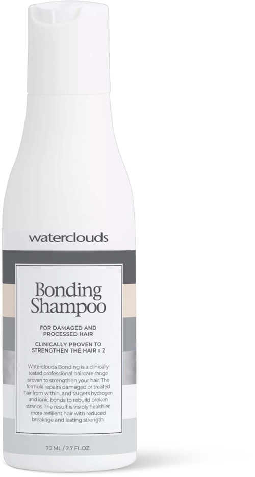 Valkoinen pullo Waterclouds Bonding Shampooa vaurioituneelle ja käsitellylle hiuksille, helposti avattava kansi ja yksinkertainen etiketti.