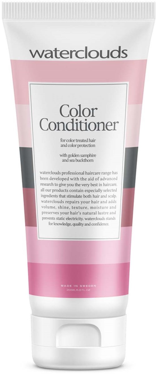 En tub med waterclouds färgkonditionerare med rosa och vitt design och svarta och silverfärgade detaljer.