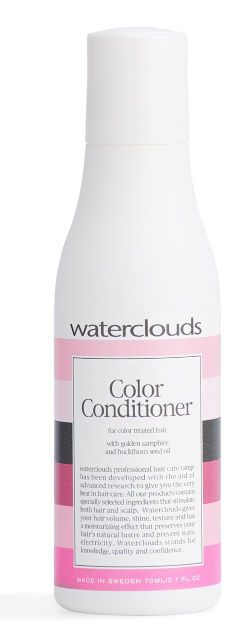 Valkoinen pullo Waterclouds Color Conditioner -hoitoaineessa, jossa on pinkkejä ja mustia raitoja etikettissä.