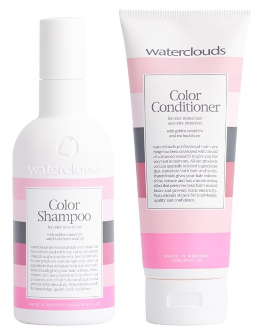 Två hårvårdsprodukter från Waterclouds: ett shampoo och balsam, mest vita med rosa och grå etiketter.