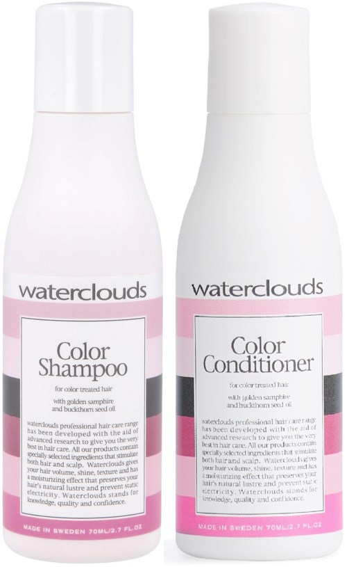 Två vita flaskor: en för färgschampo, en för balsam, med rosa, svart och vit etikett från Waterclouds.