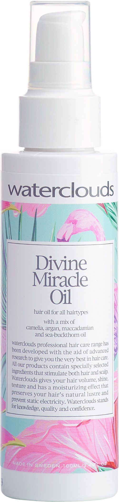 En vit pumpflaska med etiketten "Waterclouds Divine Miracle Oil", dekorerad med rosa och blå akvarellstrokes.