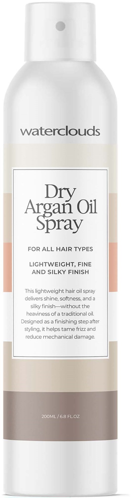En lång vit sprayflaska märkt 'Waterclouds Dry Argan Oil Spray' för hår, utformad för en lätt, glänsande finish.