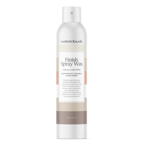 Een flesje Waterclouds Finish Spray Wax voor alle haartypes met een lichtgewicht, flexibele satijnen finish.