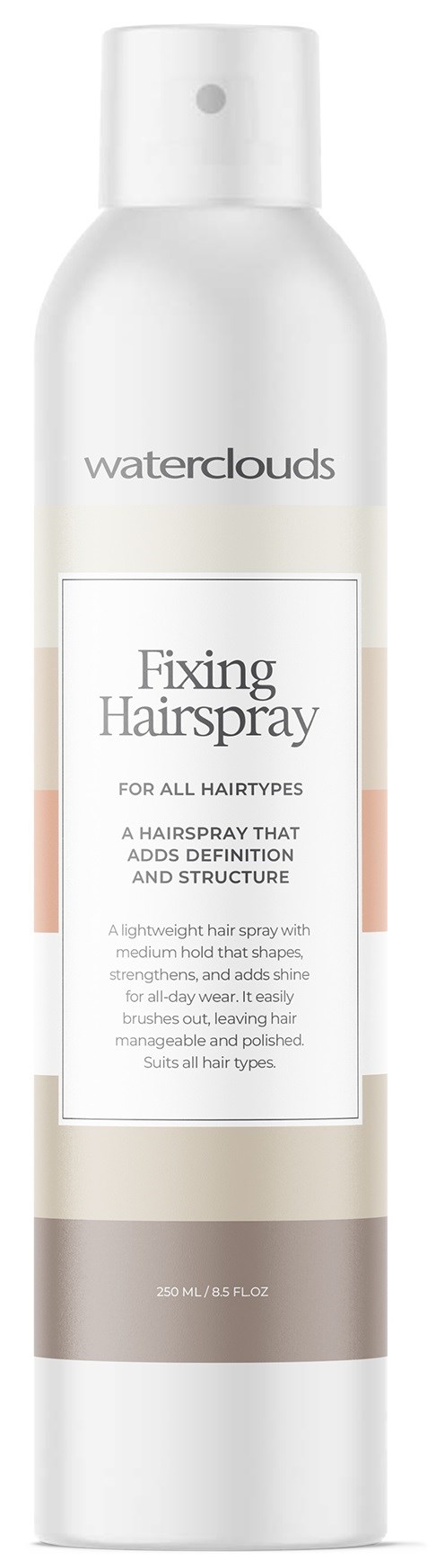 En hvid sprayflaske mærket 'Waterclouds Fixing Hairspray' til alle hårtyper, siger den giver glans og holder.