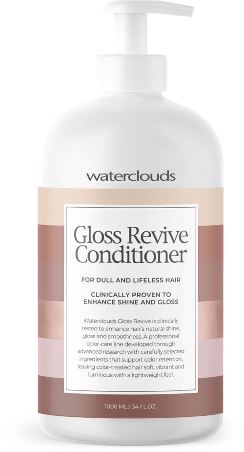 En vit flaska med Waterclouds Gloss Revive Conditioner med pump, för trötta hår.