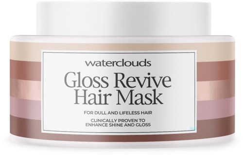 Glansig hårinpackning i burk med etikett som säger Waterclouds Gloss Revive Hair Mask för trött, livlöst hår, förbättrar glans och glans.