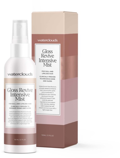 En vit sprayflaska och dess beige, rosa och lila förpackning för Waterclouds Gloss Revive Intensive Mist.