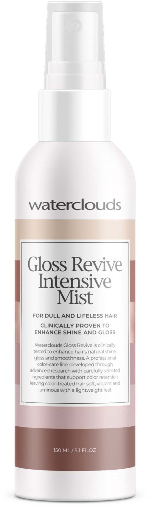 En vit sprayflaska med genomskinlig kork, märkt Waterclouds Gloss Revive Intensive Mist för hår, med produktinformation på etiketten.