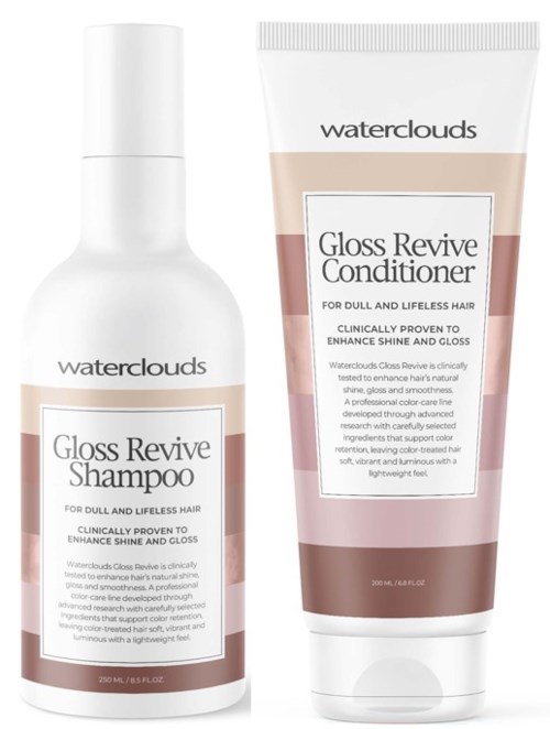 Waterclouds Gloss Revive Shampoo och balsamflaskor, vita med beige och rosa etiketter, för matt, livlöst hår.