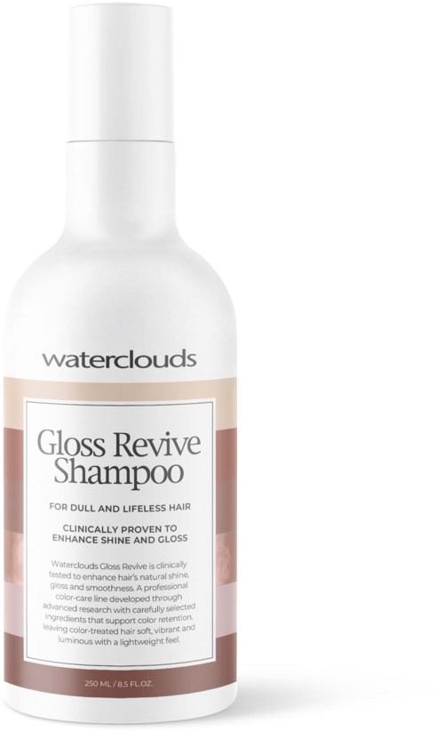 Vit schampoburk med etiketten Gloss Revive Shampoo för trött och livlös hår, 250 ml.
