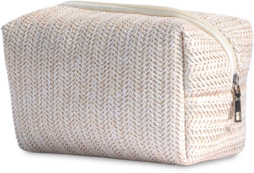 A soft, textured fabric bag with a zipper, beige and light brown pattern, and a small black zipper pull.