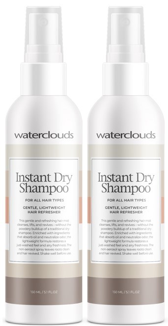 Dwie butelki Waterclouds Instant Dry Shampoo dla każdego typu włosów, łagodne i lekkie.