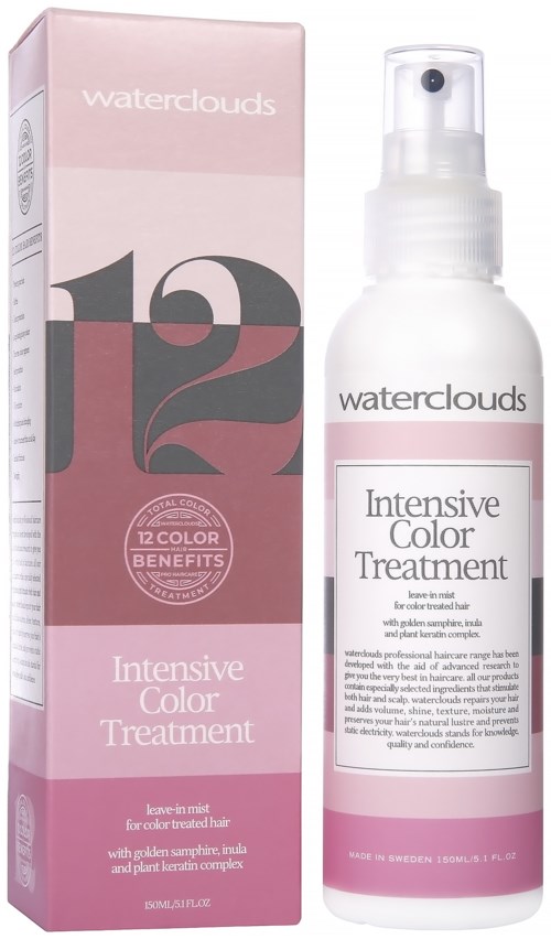 En rosa och vit flaska och kartong för Waterclouds Intensive Color Treatment hårprodukt.