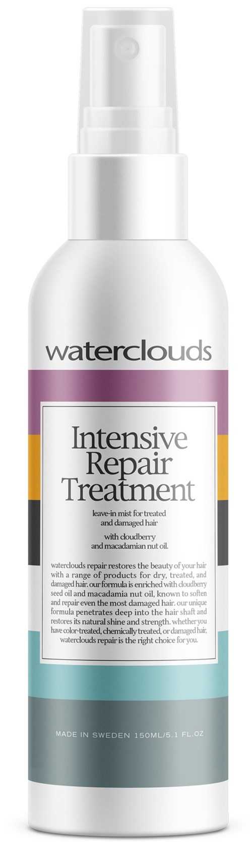 En vit flaska med spraymunstycke innehåller Waterclouds Intensive Repair Treatment. Den har färgglada horisontella streck och detaljerad text.