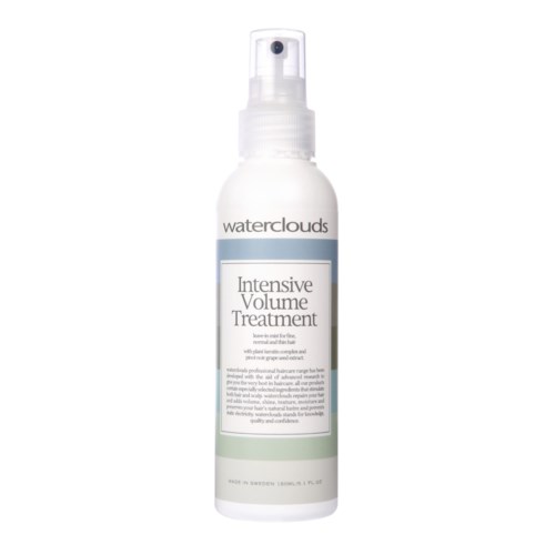 Valkoinen pullo, jossa sumutuspää, nimeltä 'waterclouds Intensive Volume Treatment', hiustenhoitoon.