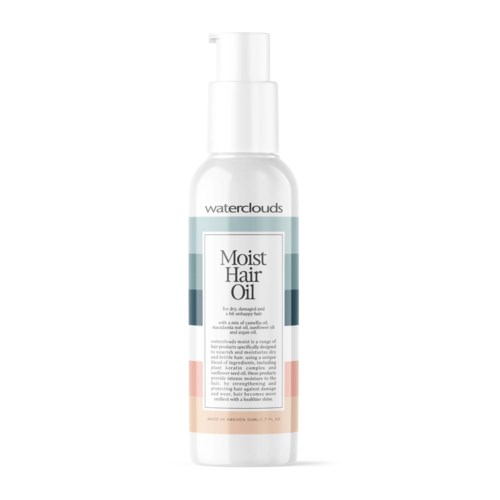 En vit sprayflaska märkt Waterclouds Moist Hair Oil, avsedd för skadat och torrt hår, med färgglada band runt etiketten.