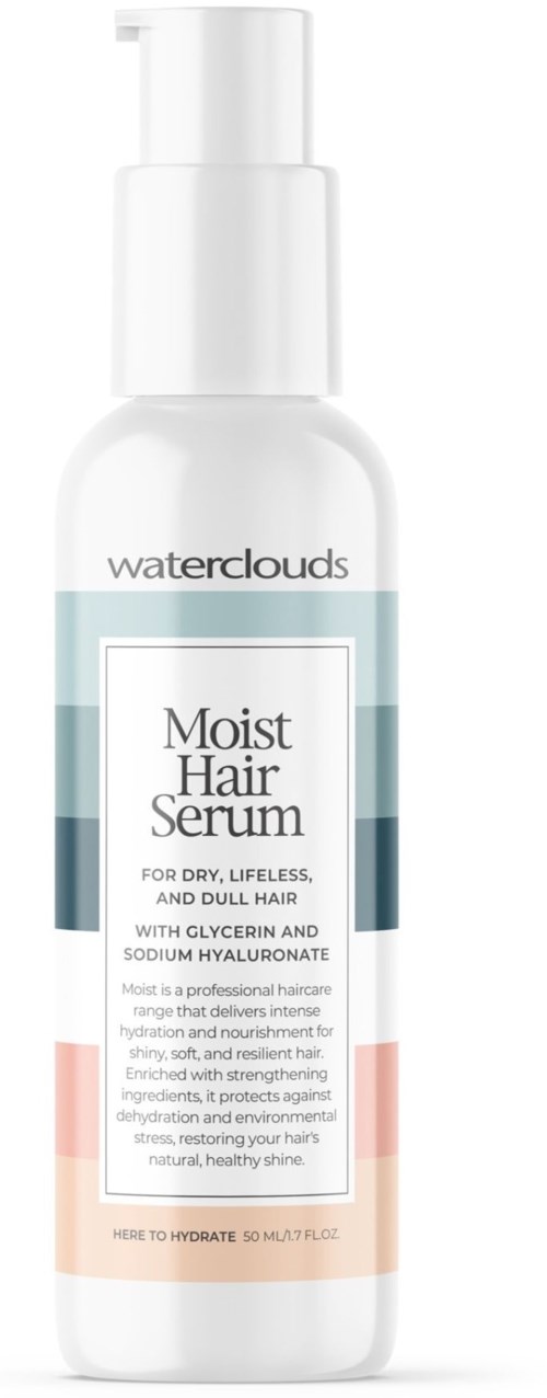 En vit flaska med Waterclouds Moist Hair Serum för torrt, livlöst hår, med spraylock och etikett.