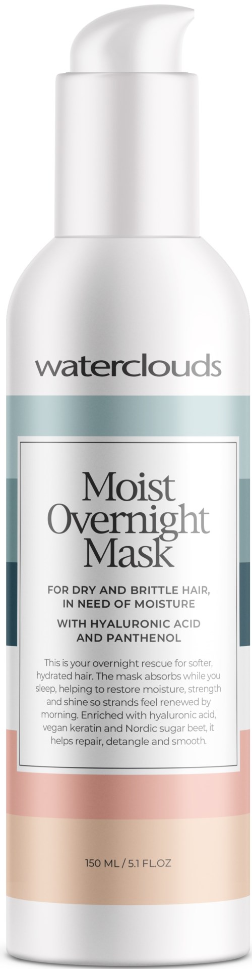 En vit flaska med pump innehåller Waterclouds Moist Overnight Mask för torrt, sprött hår med hyaluronsyra och panthenol.