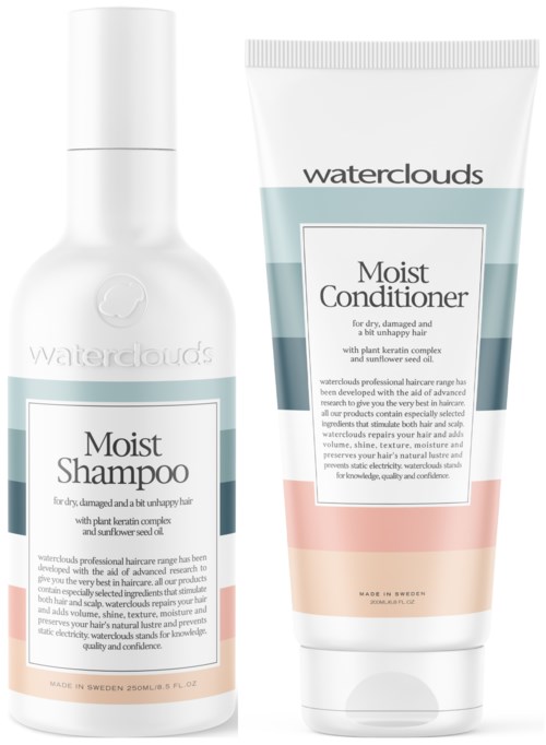 Dwa produkty do pielęgnacji włosów: Moist Shampoo i Moist Conditioner od Waterclouds, z etykietami, białymi butelkami i pastelowym wzorem.