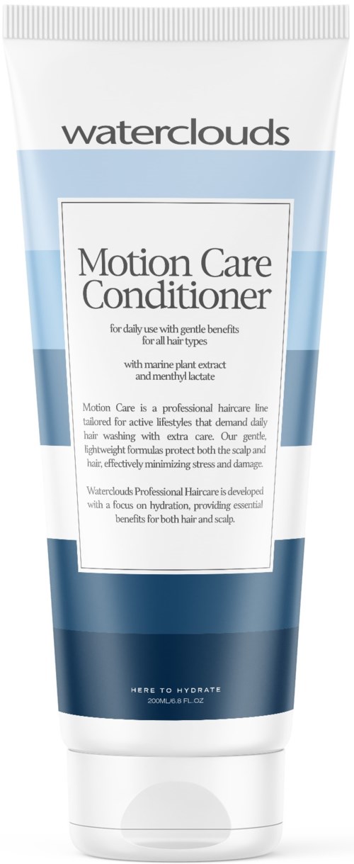 Valkoinen ja sininen puteli Waterclouds Motion Care Conditioner kaikille hiustyypeille.