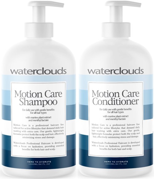 Kaksi pulloa, joissa lukee Waterclouds Motion Care Shampoo ja Conditioner, pumppupulloja.